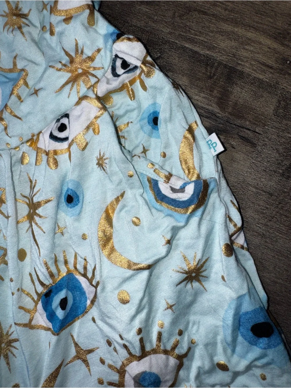 Posh Peanut Fiona Blue Evil Eye Wide Leg Romper 2T Gold Foil Moon Ruffle